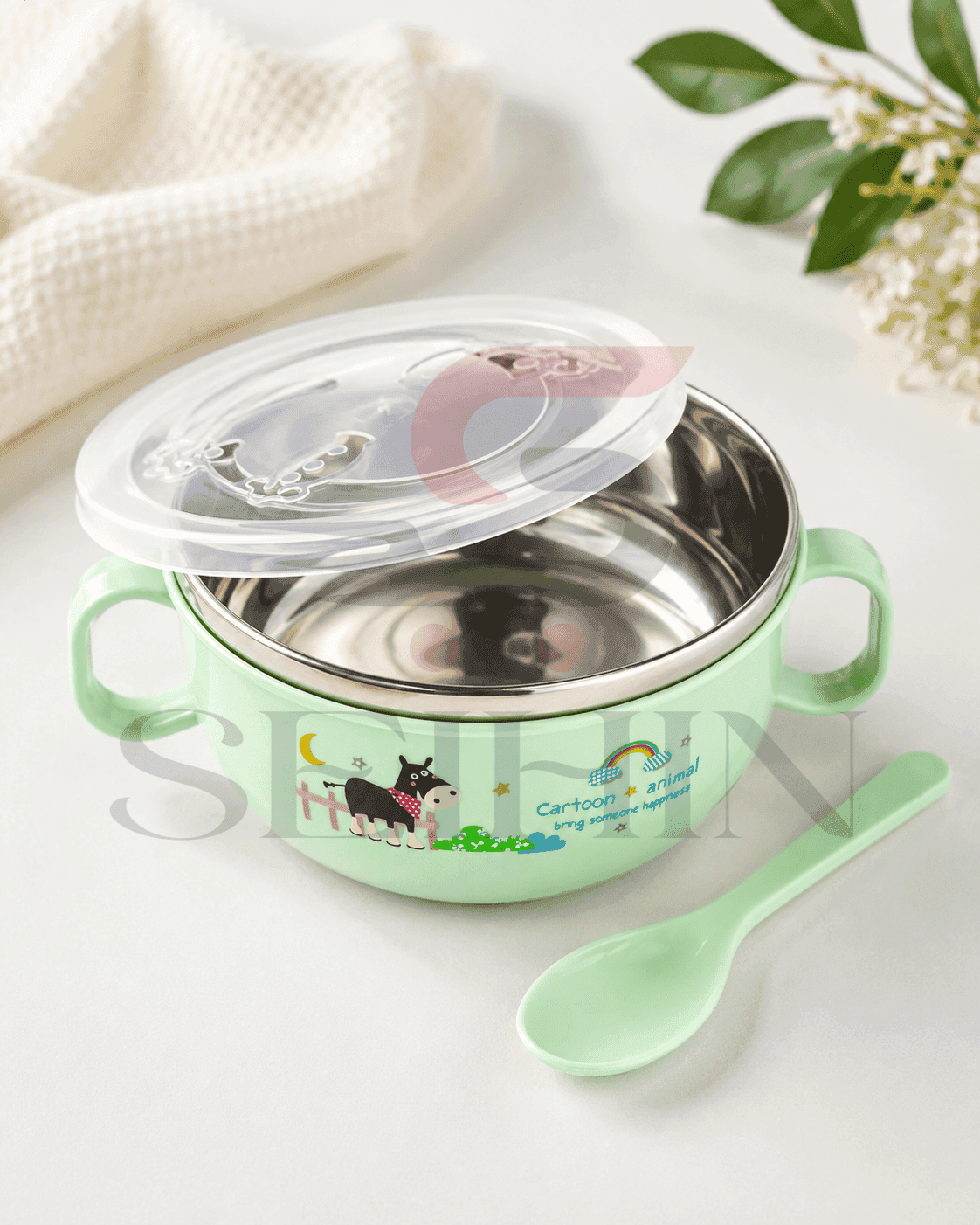 Double-Layer Stainless Steel Baby Feeding Bowl with Lid & Spoon